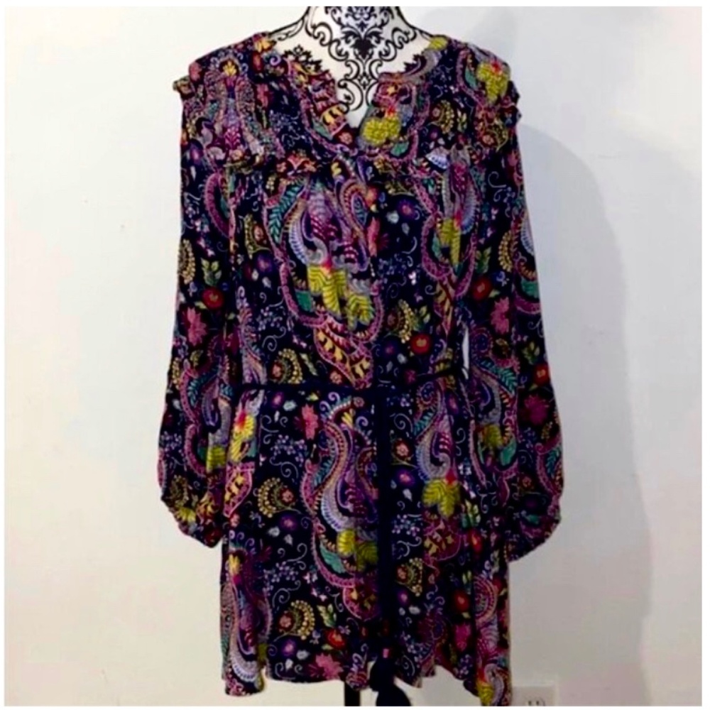 By Anthropologie Dark Garden Paisley Print button down tie Dress